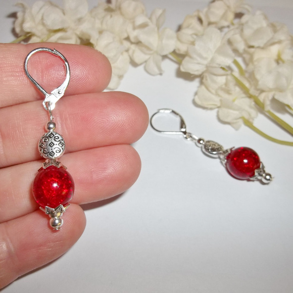 Ruby Red Crackled Glass Earring Silver Dangle Drop Earring Earring Earrings 4773 - Picture 6 of 8
